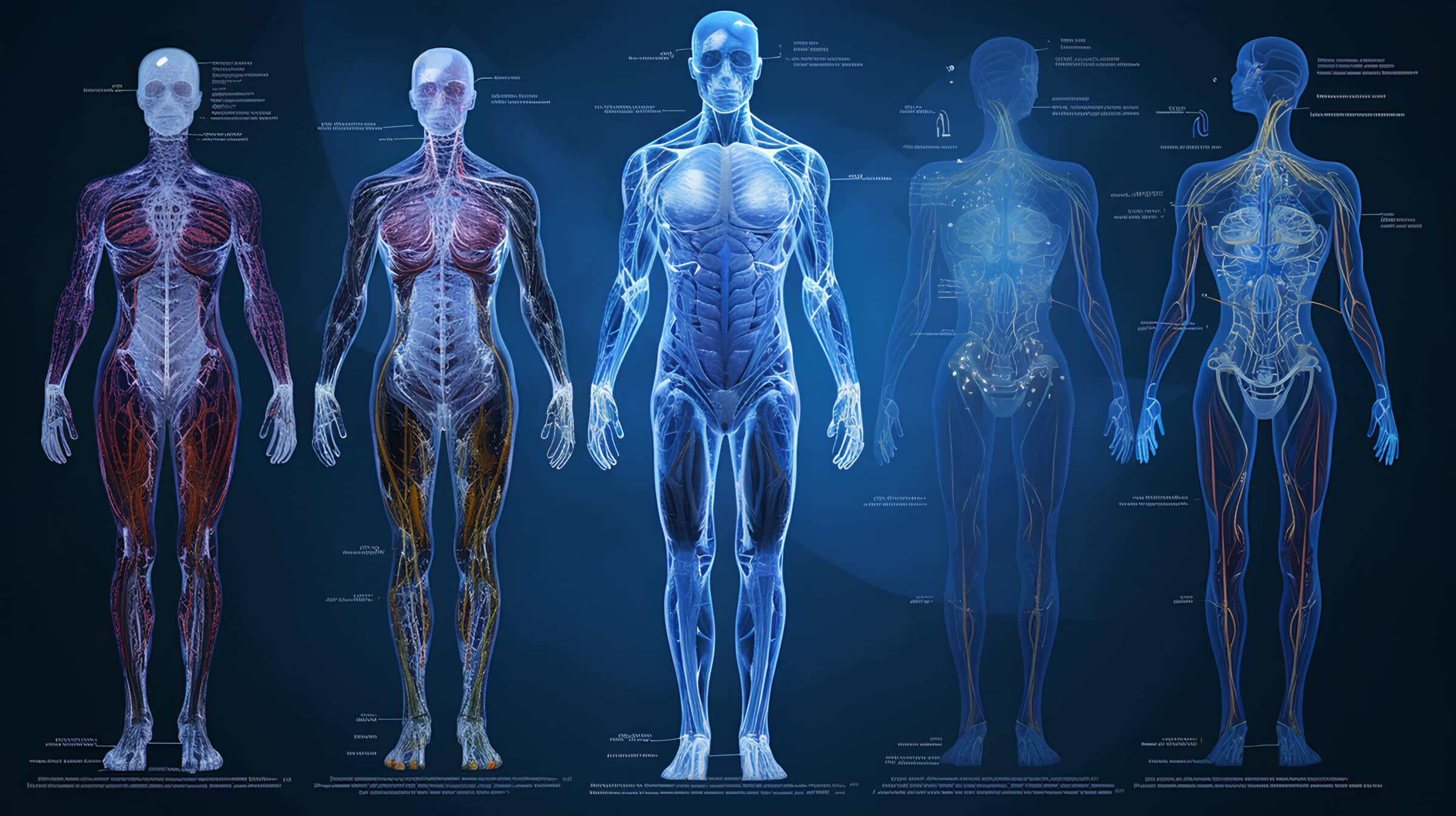 Illustration of the systems of the human body. An image with a human skeleton, nervous and muscular system. Generative AI.