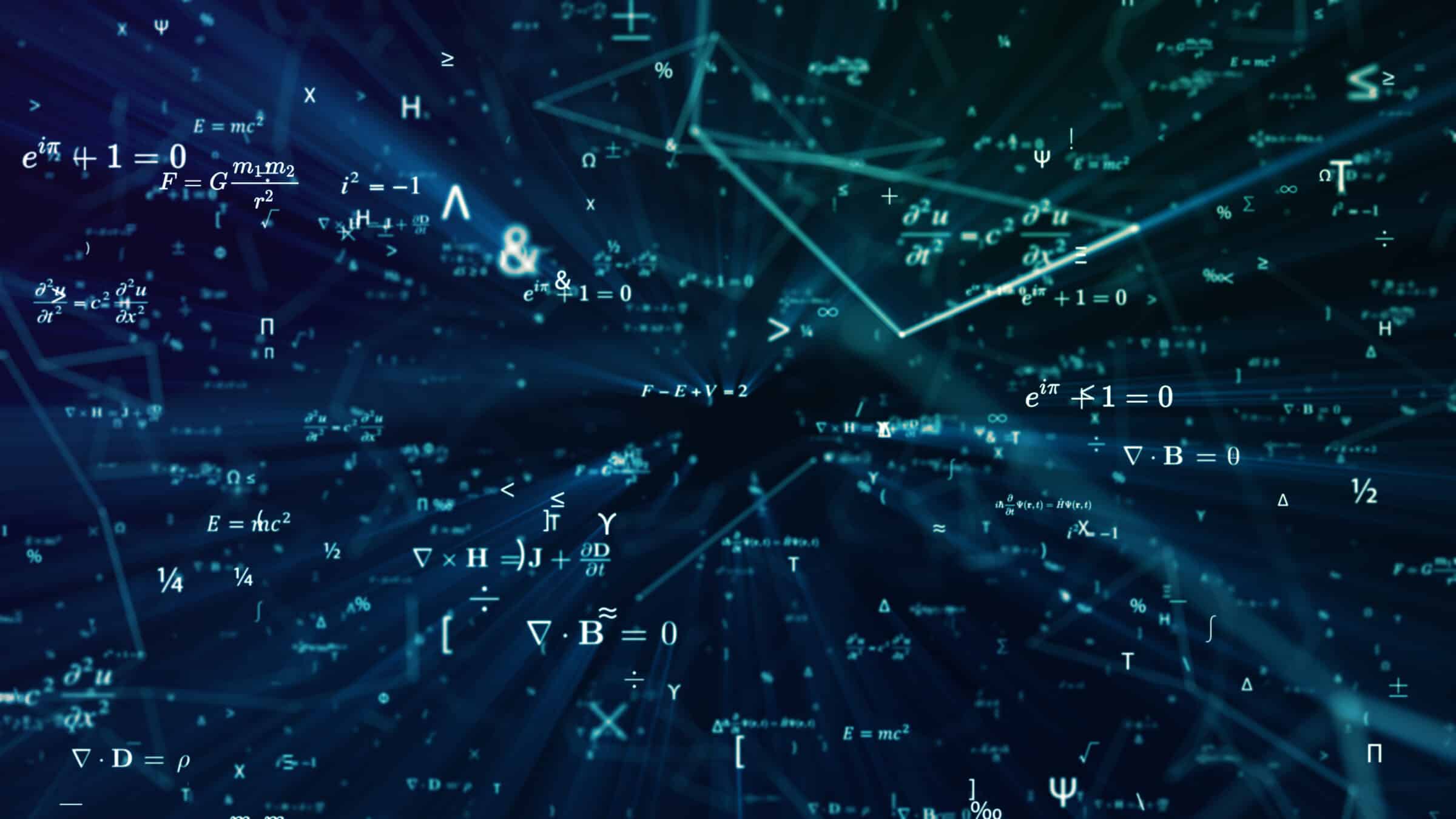 Digital seamless mathematical formulas. Abstract digital futuristic background with math, physics symbols and mesh network grid. 3D illustration in 4K science concept